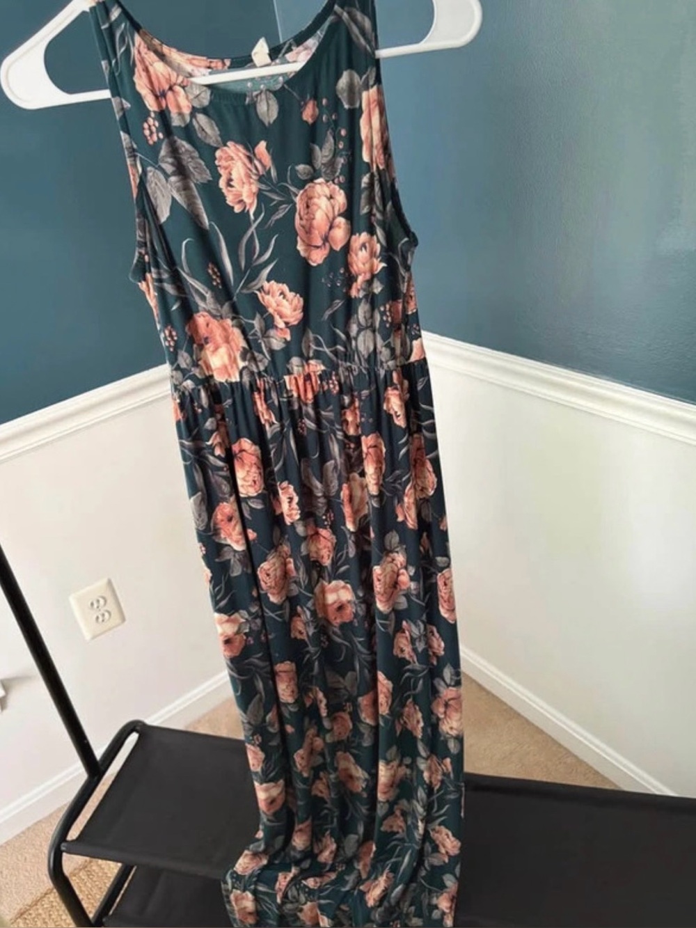 Pink Blush Sleeveless Floral Maxi Dress in Teal with Peach Blooms, Maternity